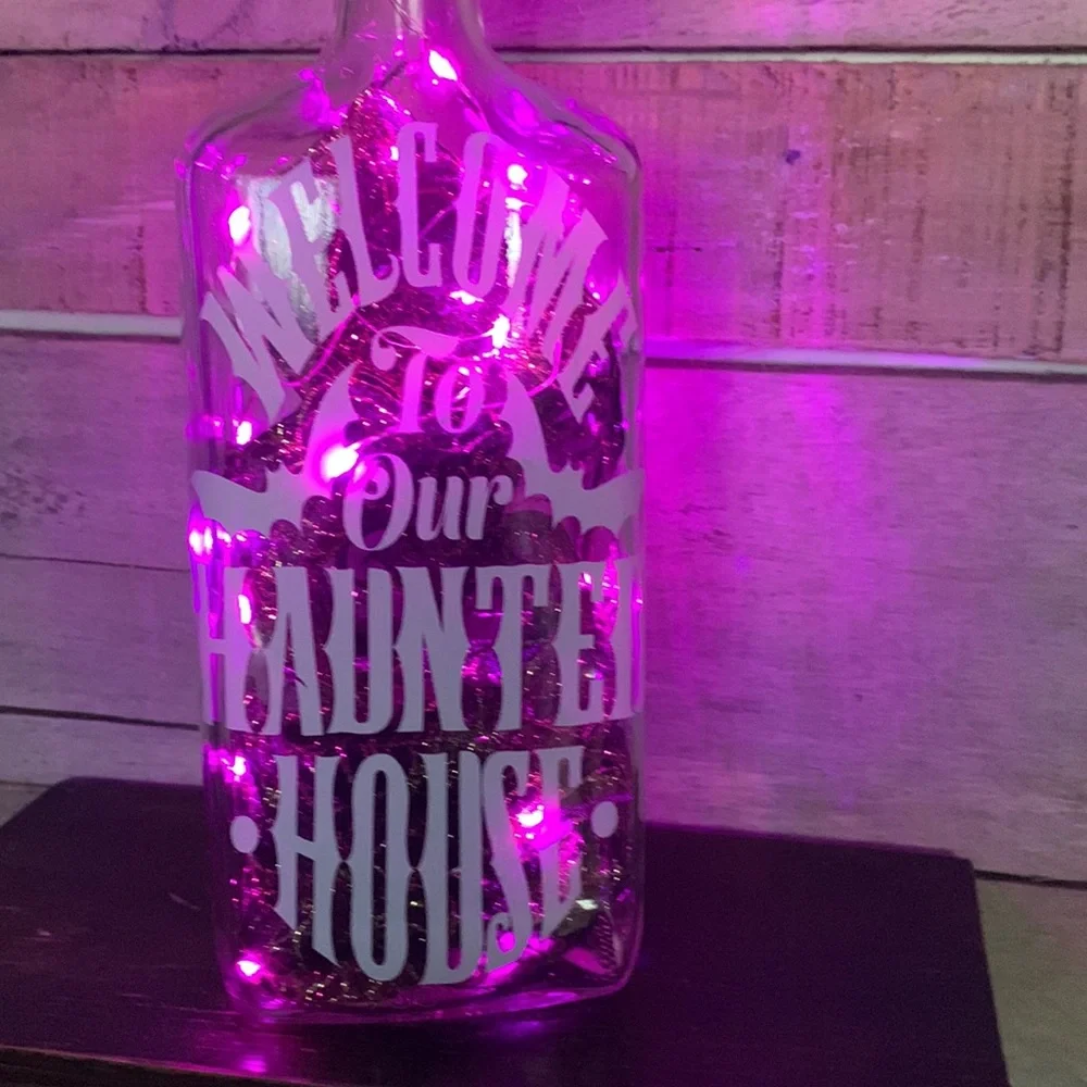 Hand Crafted- ‘Welcome to our Haunted House’ Wine Bottle lantern